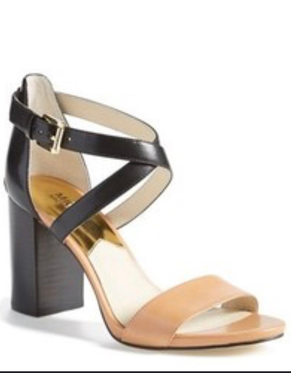 Michael Kors Nadja Cross Strap Sandal in the classic "Suntan/Black Vachetta", 10